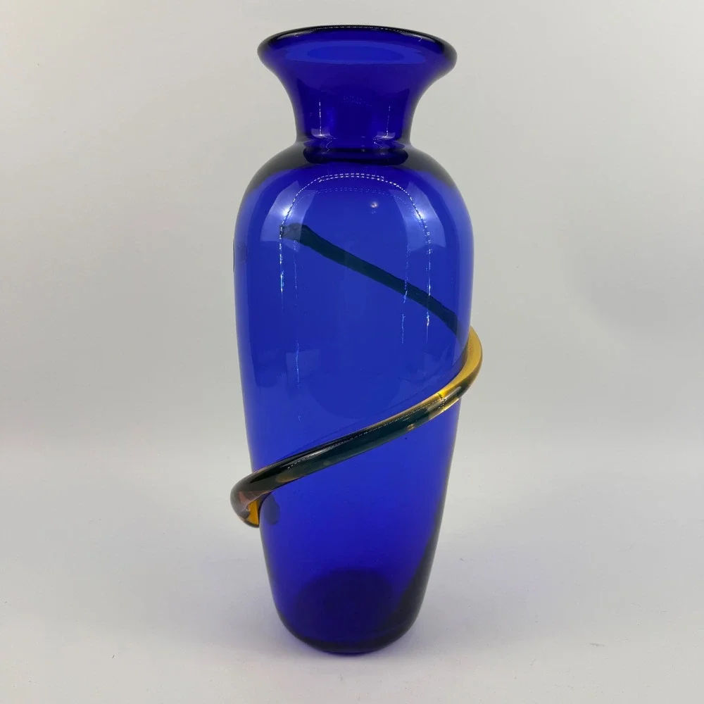 Blenko 9907L Cobalt Blue Art Glass Vase Topaz Applied Spiral Handcrafted USA